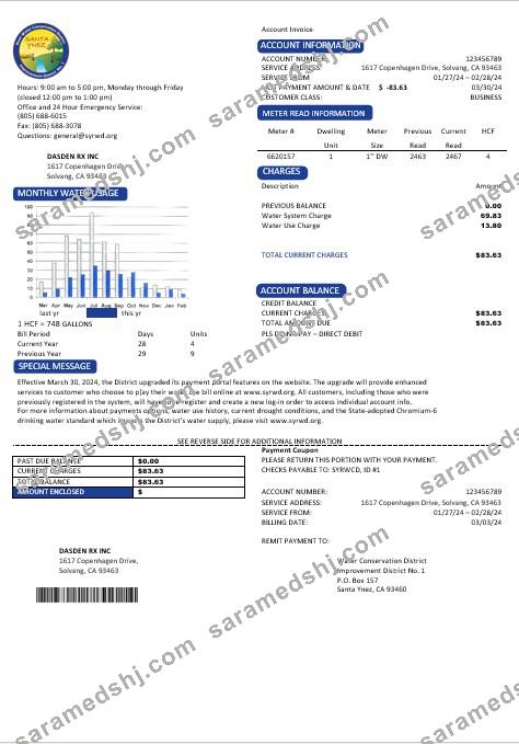 USA California Santa Ynez water business utility bill template in Word and PDF formats